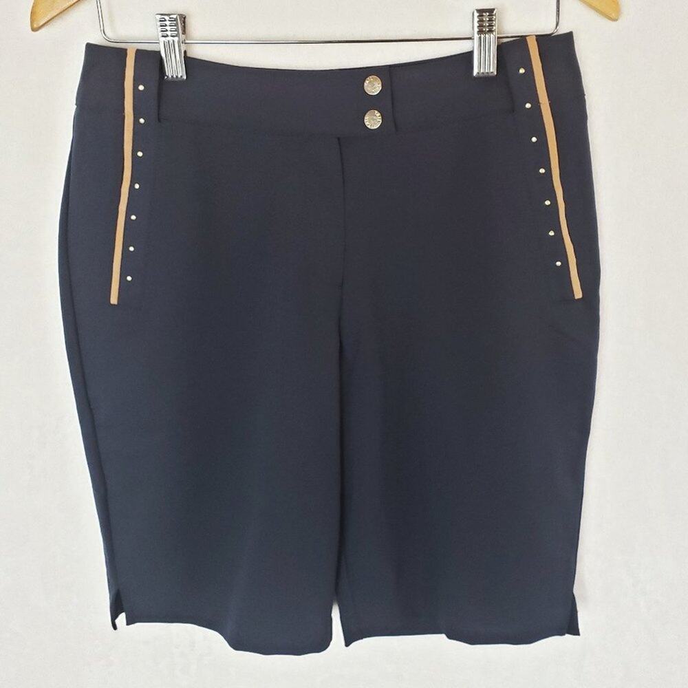 Tail Golf Shorts Women 6 Navy Blue Bermuda w/ Studs & Tan Stripe Details